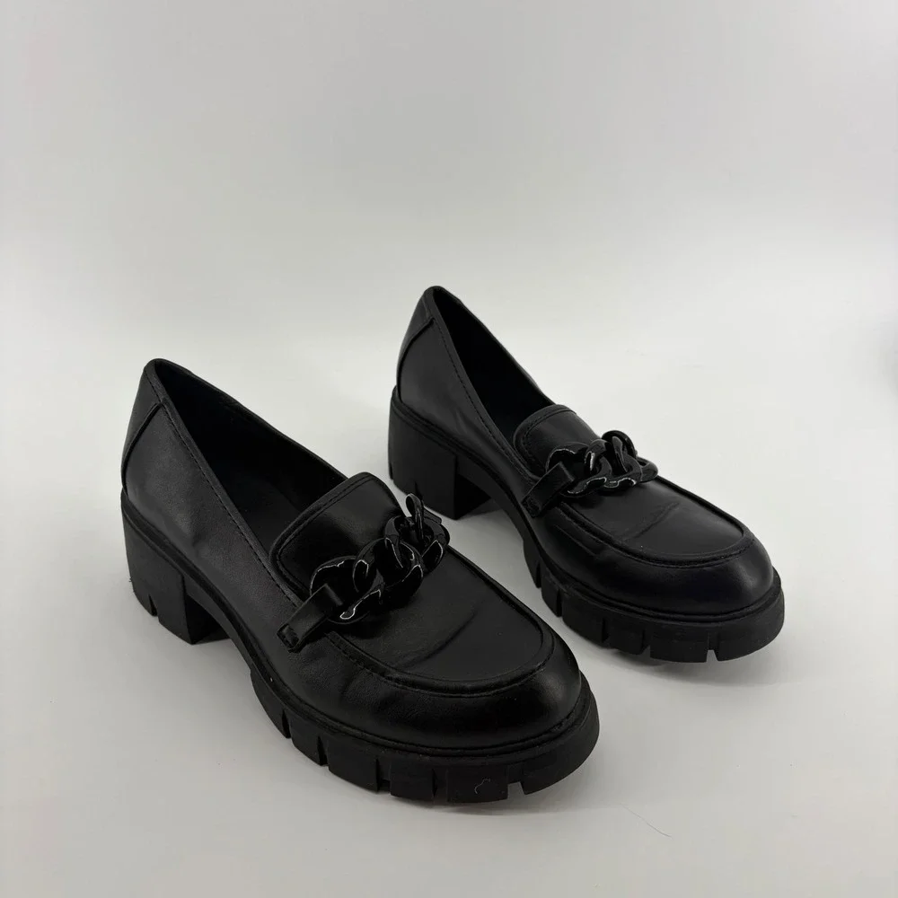 Madden NYC Womens 9 Black Platform Loafers Lug Sole Chain Detail WMMN43AM600